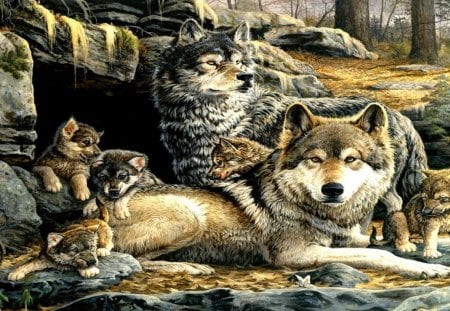 Spring Awakening - wolves, cubs, den, rocks