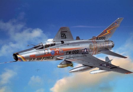 F100 Super Sabre - sky, american, plane, f100, nature, aircraft, silver, sabre, blue, clouds, military