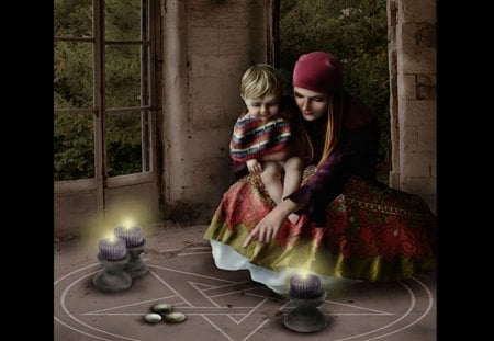 Showing Him Magic - woman, abstract, candles, magic, boy, house, fantasy