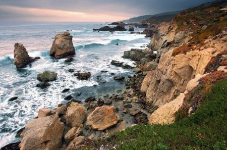 Ocean Coastline - cliff, rock, pink, water, coastline, sky, wave, coast, sunset, nature, tide