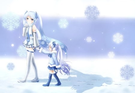 Yuki Miku - female, simple, anime girl, white, anime, miku, cute, hatsune miku, girl, chibi, twintails, winter, long hair, snowflakes, vocaloids, hatsune, yuki miku, kawaii, vocaloid, snow, plain