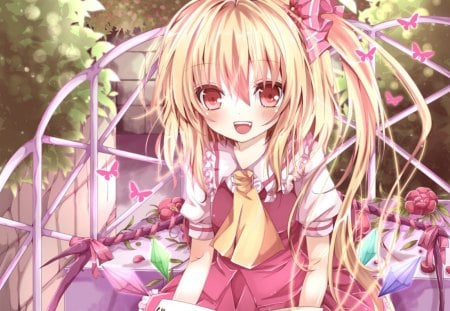 Flandre Scarlet - anime, kawaii, female, flandre scarlet, dress, blonde, blond hair, happy, touhou, llong hair, blond, ribbon, brown eyes, anime girl, blonde hair, flower, smile, butterfly, cute, floral