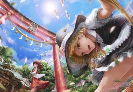 The Shrine - sky, female, hot, blond, anime girl, brown hair, wind, blond hair, touhou, windy, cloud, blonde hair, anime, reimu, house, cute, sexy, building, girl, long hair, hakurei reimu, bird, marisa, broom, shrine, breeze, dress, kirisame marisa, blonde