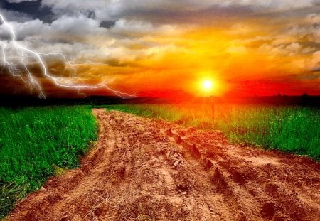 LIGHTNING at DUSK - lightning, sunset, landscape, road