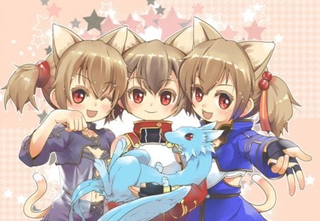 Triple's - neko mimi, female, silica, anime girl, sao, nekomimi, brown hair, red eyes, anime, dragon, wink, sword art online, cute, neko, girl, long hair, pet, ears, star, kawaii, pina, creature, smile, happy