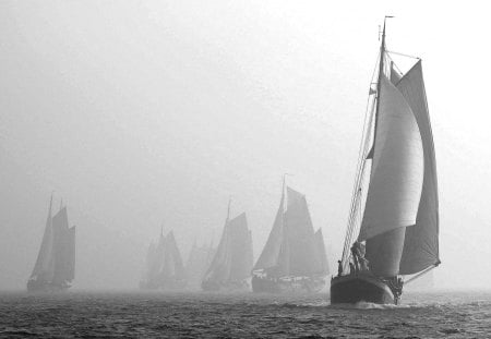 SAILING in MIST - landscape, ship, blue, sky, yacht, fog, sea, mist, nature