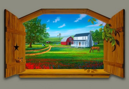 Amish country - cottage, farm, colorful, field, meadow, spring, view, art, window, grass, amish, country, nature, beautiful, cabin, nice, sky, peaceful, greenery, painting, quiet, pretty, calmness, green, house, pastoral, summer, picturesque, lovely, serenity, village, horse, flowers