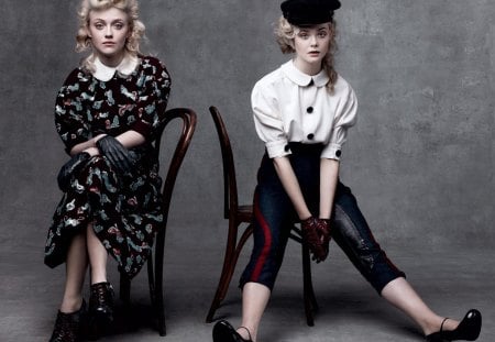 Dakota and Elle Fanning - dakota fanning, black, beauty, model, actress, elle fanning, girl, dress, white, blonde hair, hat, movie, couple, grey, woman