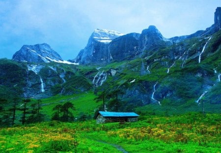 Cabin in the mountains - sky, trees, snow, mountains, grass