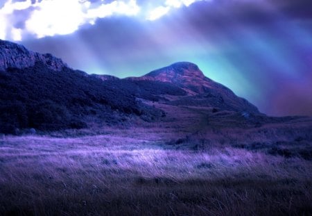 âœ°The Light of Hopeâœ° - beauty, sky, places, trees, stock images, mountains, creative pre-made, purple, cool, clouds, beam, grass, splendid, landscapes, fields, rays, magnificent, light, premade bg, aurora, lovely, plants, resources, nature, blue, beautiful, hope, splendor, sweet, colors, natural