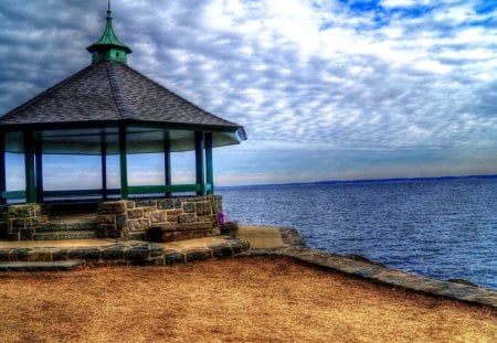 gorgeous gazebo on the seashore hdr - clouds, stuffed bear, gazebo, sea, shore, hdr