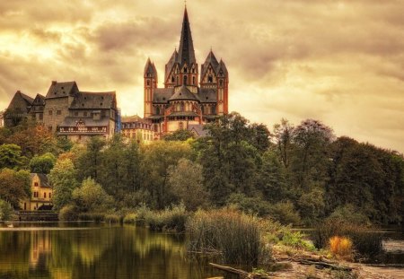 glorious cathedral on a hill hdr - hill, forest, river, clouds, cathedral, hdr