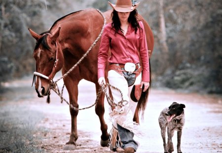 Cowgirl with her Horse and Dog - Cowgirl, Brunette, Dog, Horse