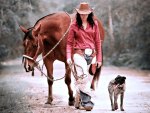 Cowgirl with her Horse and Dog