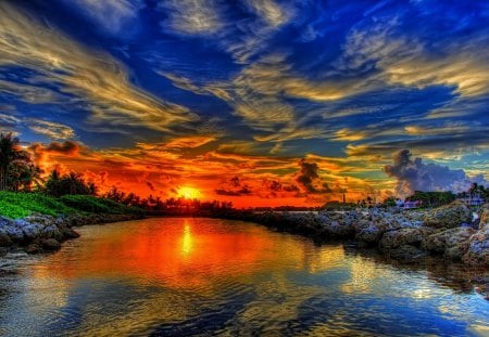 SIMMER SUNSET - lake, sky, trees, summer, wallpaper, sunset, palm, rocks, bright, nature, reflection, clouds, river, hdr