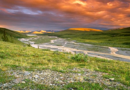 Hilly Valley - red clouds, pepples, hills, sunset, meadow