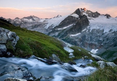 Mountain Stream - trees, nature, snow, stream, grass, mountains, rocks