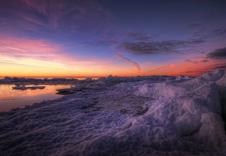 marvelous frozen beach at sunset - ice, beach, sunset, sea