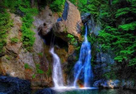 superb waterfall through a cliff hdr - cliff, waterfall, trees, hdr, poo