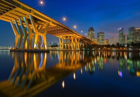 beautiful columned bridge - river, city, columns, bridge, lights