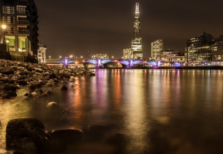 beautiful city bridge on a river at night - river, lights, city, night, rocks, bridge