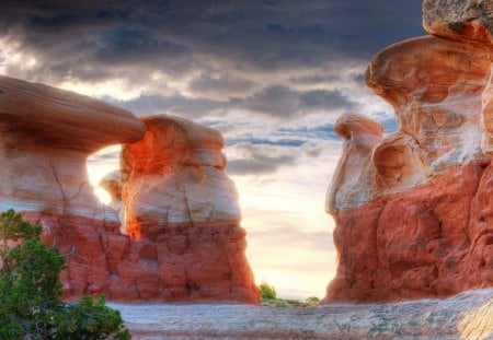 Stone Rocks - clouds, brush, red, rock formation