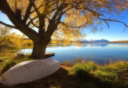 The Mountains on the Horizon - nature, boat, blue sky, lake, brush, mountains, tree