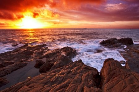 Sunset sea - sunset, sea, rocks, waves