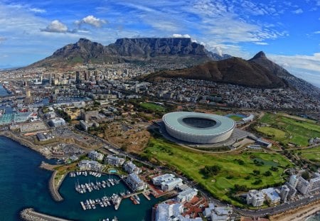 fantastic city view - view, city, seaside, stadium, mountains