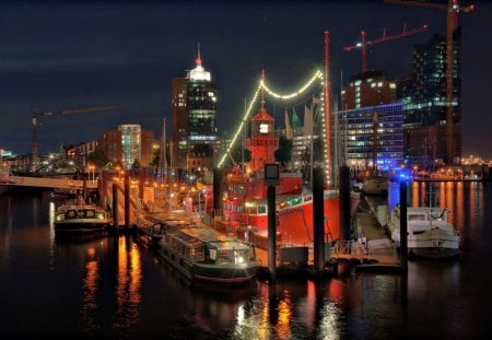 boat docks in hamburg's harbor at night - boats, night, harbor, city, docks, lights