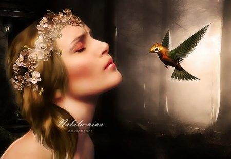 Moment  De  Reve - fantasy, lady, sad, hummingbird