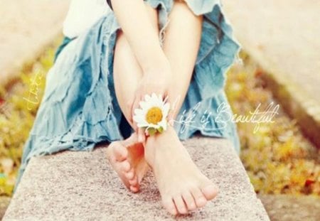 Life is beautiful - sitting, girl, daisy, road, legs, beautiful, hand, flower, dress