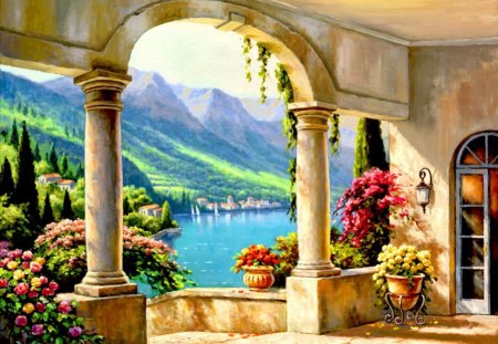 Balcony view - pretty, mountain, flowers, shore, view, lake, nice, balcony, art, trees, water, beautiful, slope, sea, lovely, rest, colorful, river, nature, painting, arch