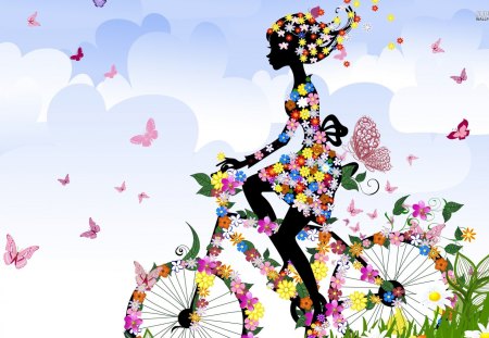 ~Spring Queen~ - clouds, pretty, butterflies, spring, flowers, bike, woman, floral, riding, art