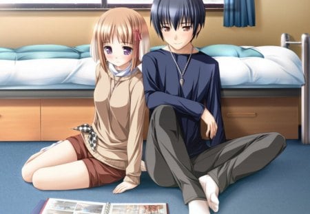 Sharing our sweet Memory - nice, beauty, lover, bed, female, brown eyes, anime girl, book, brown hair, pretty, anime, romance, purple eyes, cute, short hair, handsome, love, male, couple, girl, long hair, lovely, blue hair, kawaii, romantic, boy, beautiful, sweet, bedroom, happy, guy