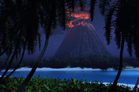 Volcano - trees, nature, volcano, sea