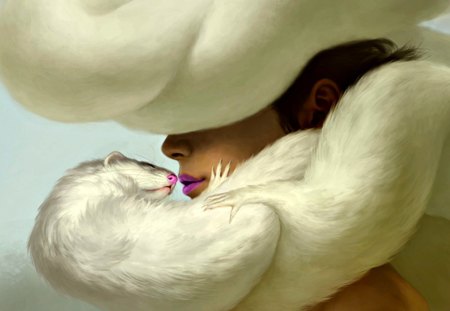 Surge of fur - yukari masuike, surge of fur, girl, pink, fantasy, white, animal, lady, purple, painting, woman, art