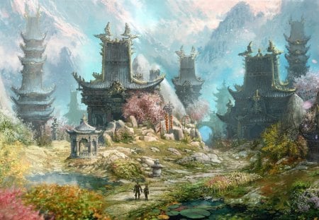 China ~ Game scenery - building, china, mountain, fighter, asian, fantasy, spring, nature, art, game, man, pink, blue, scenery, tree, temple