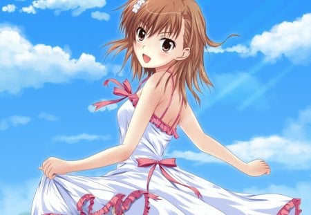 Dancing under the Sun - nice, beauty, sky, mikoto misaka, female, hot, brown eyes, sundress, anime girl, brown hair, pretty, cloud, anime, ribbon, dancing, cute, short hair, sexy, dance, girl, light, lovely, misaka, beautiful, sweet, smile, dress, happy