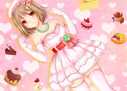 Yummy Cake - gown, pink, cute, short hair, hot, brown hair, anime, anime girl, girl, dress, strawberryberry, fruit, sexy, female, food, cake