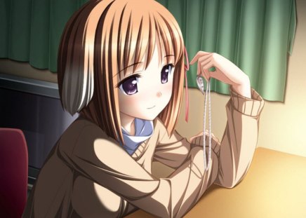 Locket - nice, chain, female, girl, necklace, anime girl, lovely, brown hair, kawaii, pretty, locket, anime, sweet, cute, short hair