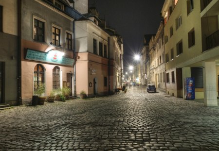 fantastic city street late at night - cobblestones, street, city, night, lights