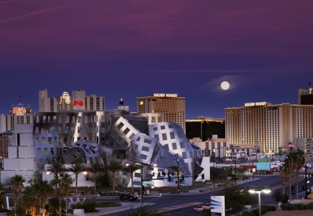 modern building under moon in las vegas - moon, modern, city, night, building