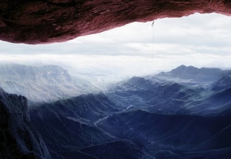 unbelievable cliff climbing - view, cliff, mountains, valley, climber