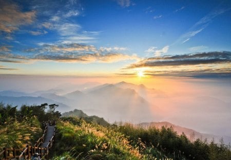 fantastic path on mountain peak - path, clouds, sunrise, montains