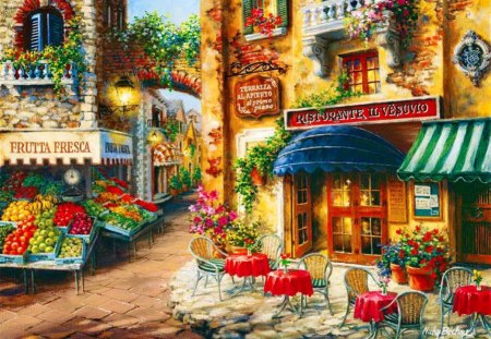 Buon appetito - pretty, appetito, sunny, summer, delicious, town, breakfast, cafe, flowers, dinner, nice, fruits, art, vegetables, shop, bon appetite, beautiful, lovely, village, street, lunch, colorful, painting, market, restaurant