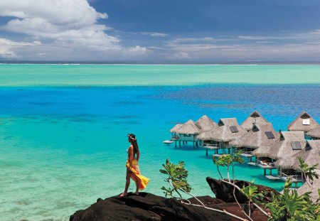 Hilton Bora Bora Blue Lagoon - lagoon, pacific, french, polynesia, tahiti, tahitian, holiday, view, bungalow, exotic, paradise, south, spa, girl, sea, resort, polynesian, ocean, borabora, Hilton, tropical, huts, water villa, retreat