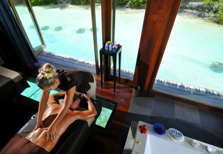 Thalasso Spa Bora Bora - beach, paradise, bora bora, thalasso, atoll, lagoon, holiday, desert, resort, sand, zen, relax, bungalow, ocean, glass, tropical, water villa, exotic, french polynesia, luxury, massage, island, spa, 5 star, south pacific, sea, retreat, tahiti