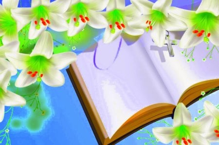 **Blessings from Bible** - pretty, lilies, book, blossom, splendor, pollen, spring, holidays, easter, flowers, christian, nice, blooms, blessings, beautiful, religion, lovely, love, sweet, petals, blessed, nature, bible, bright, cute, cross, good