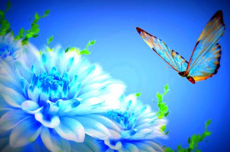 ✰Flapping Wings on Blue Flowers✰ - pretty, blue, creative pre-made, beautiful, spring, colors, lovely, petals, flowers, butterfly designs, bright, wings, butterfly, love four seasons